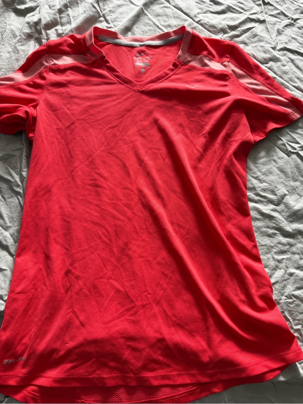 Nike Women’s Bright Red V-Neck Dri-FIT Athletic Tee with White Trim